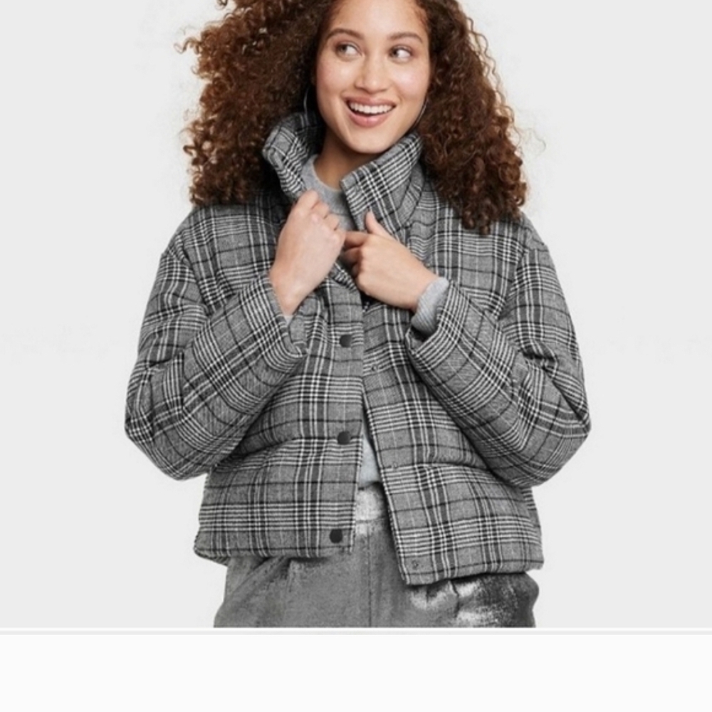 a new day Women's Plaid Puffer Jacket - Black and Gray